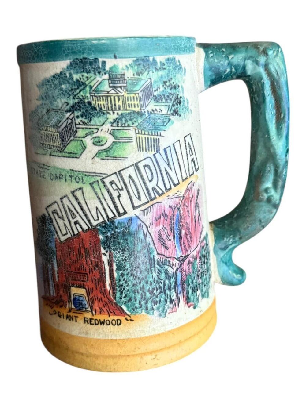 VTG California State Capitol Giant Redwood Tree Mt Shasta Ceramic Beer Stein Mug